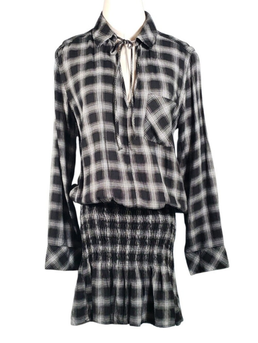 DL2961 Dropped Waist Plaid Smocked Dress Fall Boho Casual Transitional Western S